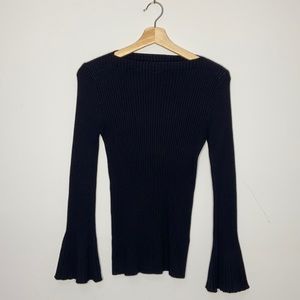 Black Ribbed Long Bell/Flare Sleeve Top